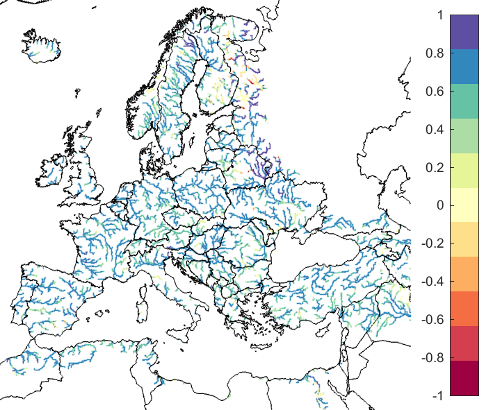 Figure 1. EFAS CRPSS at lead-time 1 day the Dec 2018-Jan 2019 period, for catchments >2000km2. The reference score is persistence.