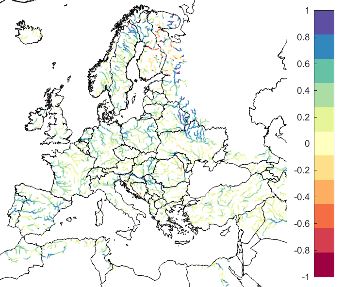 Figure 3. EFAS CRPSS at lead-time 5 days the Dec 2018-Jan 2019 period, for catchments >2000km2. The reference score is persistence.