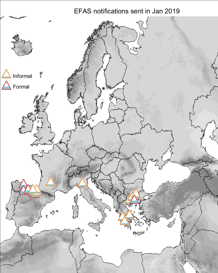 Figure 1. EFAS flood notifications sent for January 2019