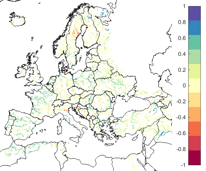 Figure 3. EFAS CRPSS at lead-time 7 days for February 2019, for catchments >2000km2. The reference score is persistence.