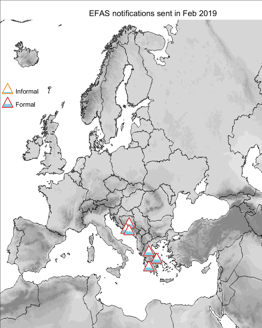 Figure 1. EFAS flood notifications sent for February 2019