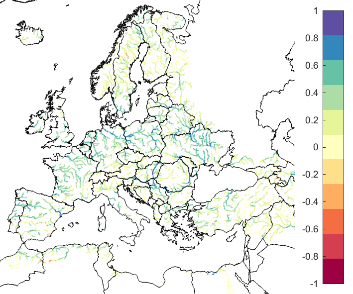 Figure 3. EFAS CRPSS at lead-time 5 days for March 2019, for catchments >2000km2. The reference score is persistence.