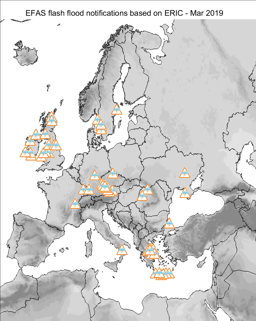 Figure 2. EFAS flash flood notifications sent for March 2019