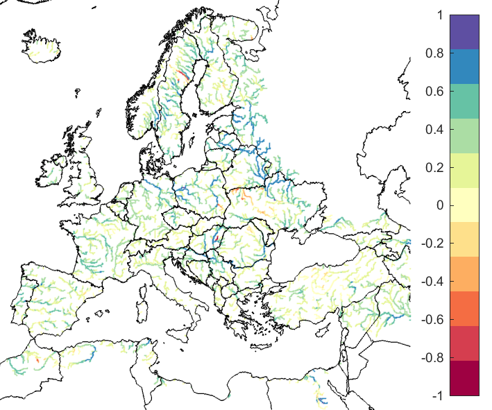 Figure 3. EFAS CRPSS at lead-time 5 days for April 2019, for catchments >2000km2. The reference score is persistence.