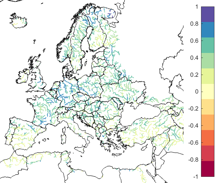 Figure 1. EFAS CRPSS at lead-time 1 day for May 2019, for catchments >2000km2. The reference score is persistence.