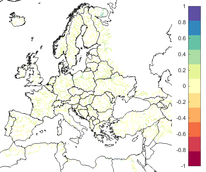 Figure 4. EFAS CRPSS at lead-time 10 days for May 2019, for catchments >2000km2. The reference score is persistence.