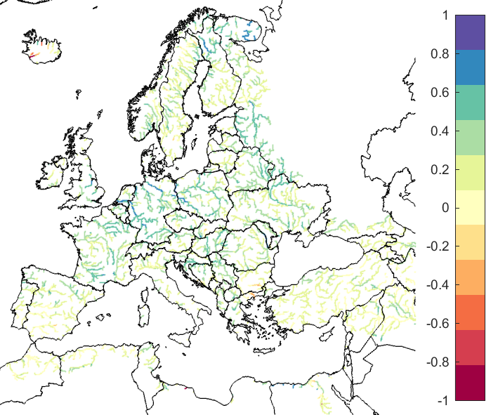 Figure 2. EFAS CRPSS at lead-time 3 days for May 2019, for catchments >2000km2. The reference score is persistence.