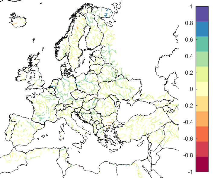 Figure 3. EFAS CRPSS at lead-time 5 days for May 2019, for catchments >2000km2. The reference score is persistence.