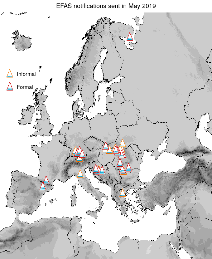 Figure 1. EFAS flood notifications sent for May 2019