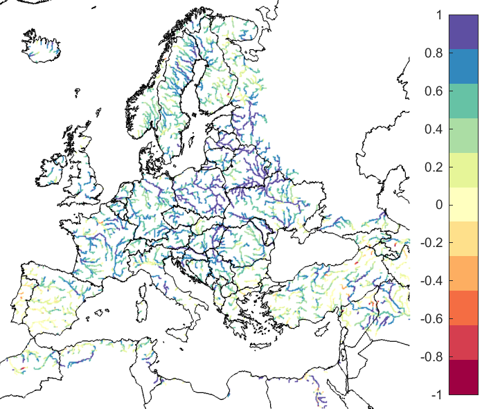 Figure 1. EFAS CRPSS at lead-time 1 day for June 2019, for catchments >2000km2. The reference score is persistence.