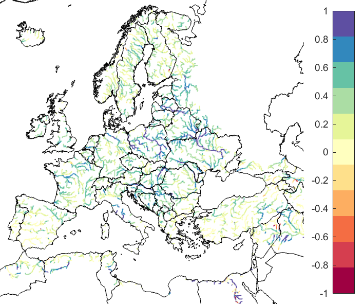Figure 2. EFAS CRPSS at lead-time 3 days for June 2019, for catchments >2000km2. The reference score is persistence.