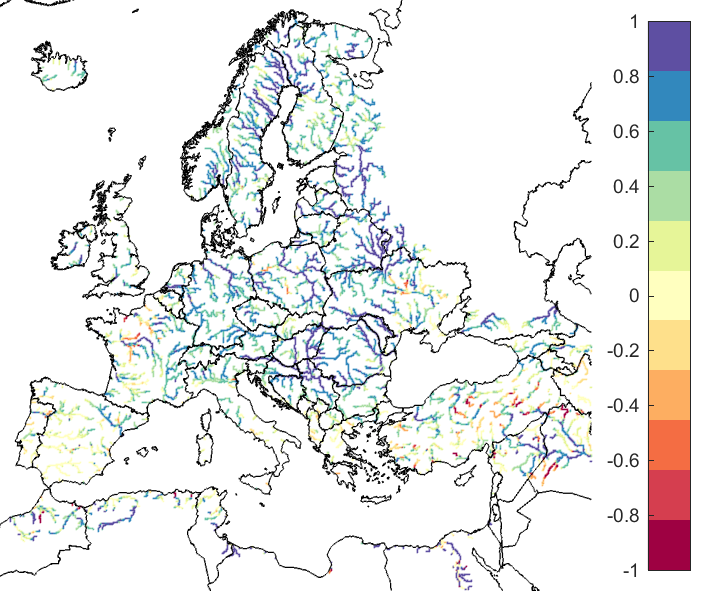 Figure 1. EFAS CRPSS at lead-time 1 day for July 2019, for catchments >2000km2. The reference score is persistence