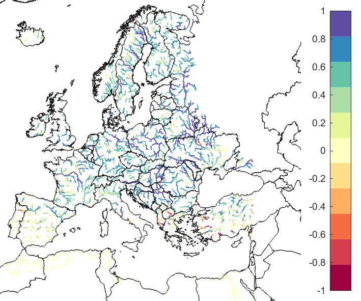 Figure 1. EFAS CRPSS at lead-time 1 day for August 2019, for catchments >2000km2. The reference score is persistence.