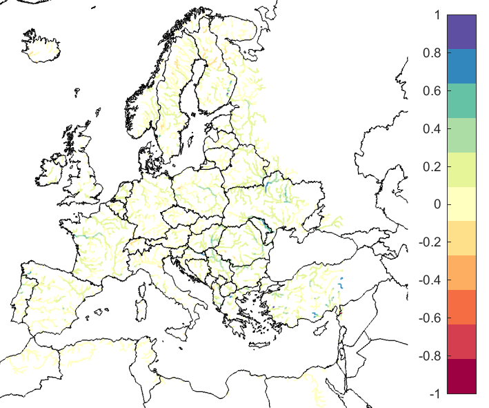 Figure 4. EFAS CRPSS at lead-time 10 days for August 2019, for catchments >2000km2. The reference score is persistence.
