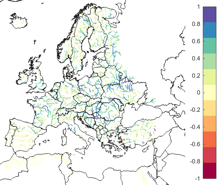 Figure 2. EFAS CRPSS at lead-time 3 days for August 2019, for catchments >2000km2. The reference score is persistence.