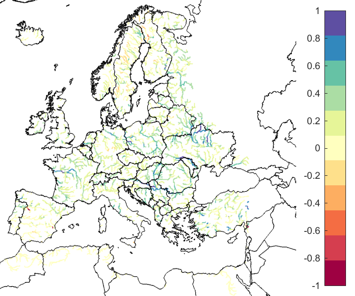 Figure 3. EFAS CRPSS at lead-time 5 days for August 2019, for catchments >2000km2. The reference score is persistence.