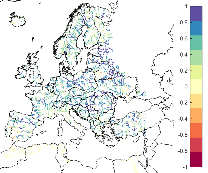 Figure 1. EFAS CRPSS at lead-time 1 day for September 2019, for catchments >2000km2. The reference score is persistence.