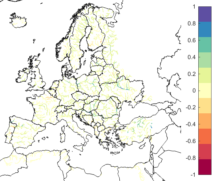 Figure 4. EFAS CRPSS at lead-time 10 days for September 2019, for catchments >2000km2. The reference score is persistence.