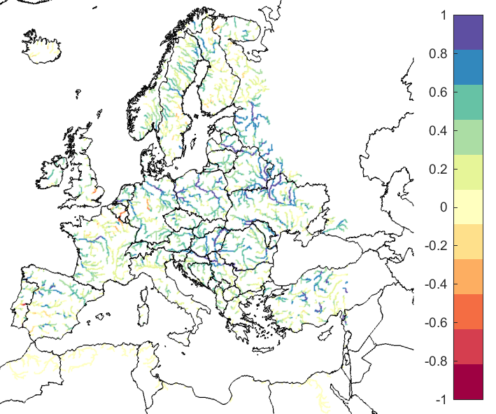 Figure 2. EFAS CRPSS at lead-time 3 days for September 2019, for catchments >2000km2. The reference score is persistence.