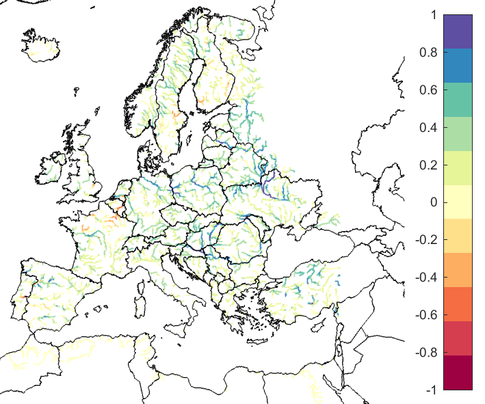 Figure 3. EFAS CRPSS at lead-time 5 days for September 2019, for catchments >2000km2. The reference score is persistence.