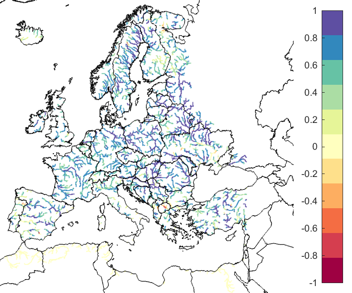 Figure 1. EFAS CRPSS at lead-time 1 day for October 2019, for catchments >2000km2. The reference score is persistence.