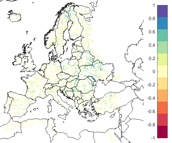 Figure 4. EFAS CRPSS at lead-time 10 days for October 2019, for catchments >2000km2. The reference score is persistence.