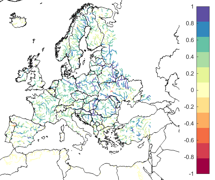 Figure 2. EFAS CRPSS at lead-time 3 days for October 2019, for catchments >2000km2. The reference score is persistence.