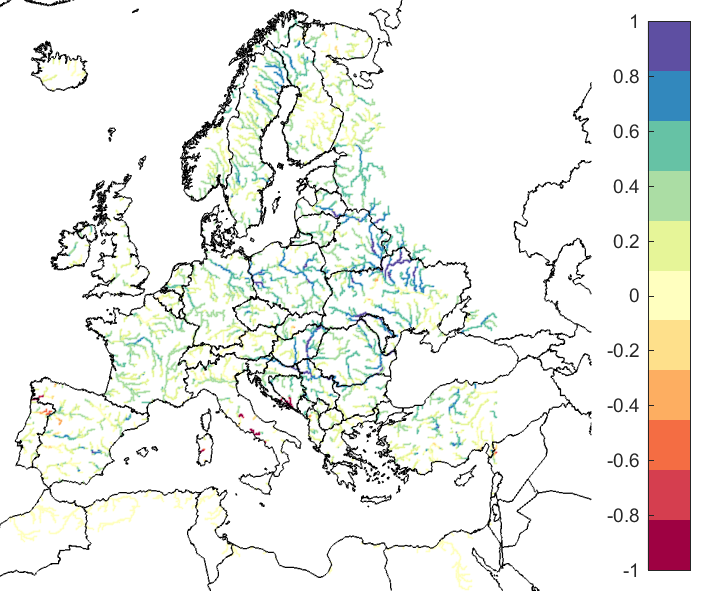 Figure 3. EFAS CRPSS at lead-time 5 days for October 2019, for catchments >2000km2. The reference score is persistence.