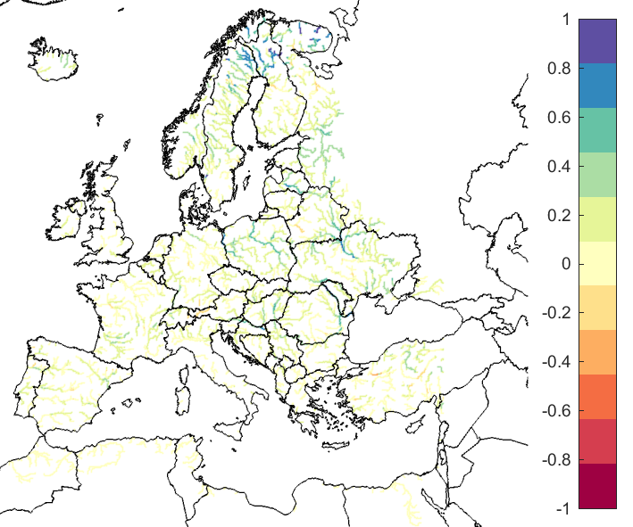 Figure 4. EFAS CRPSS at lead-time 10 days for November 2019, for catchments >2000km2. The reference score is persistence.