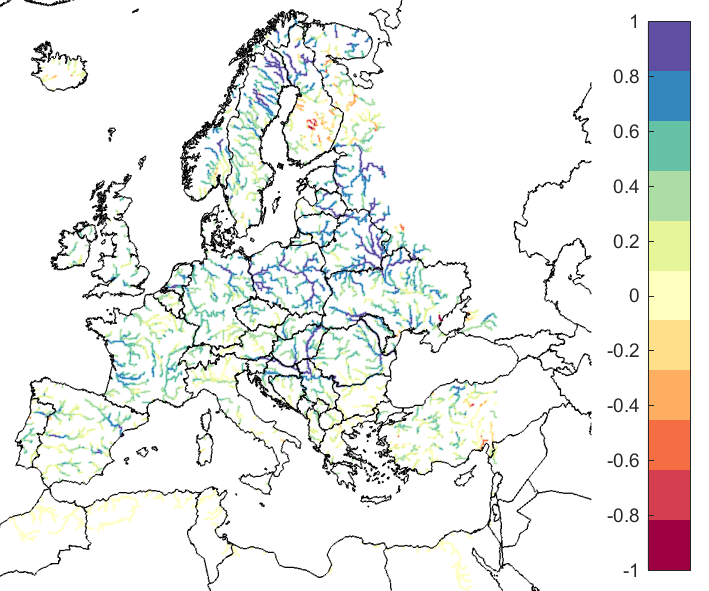 Figure 2. EFAS CRPSS at lead-time 3 days for November 2019, for catchments >2000km2. The reference score is persistence.