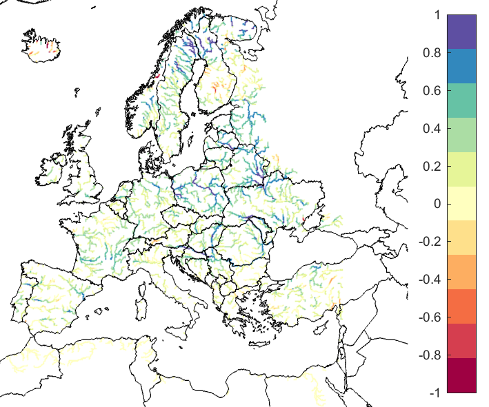 Figure 3. EFAS CRPSS at lead-time 5 days for November 2019, for catchments >2000km2. The reference score is persistence.
