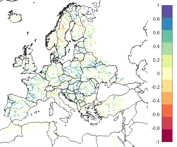 Figure 3. EFAS CRPSS at lead-time 5 days for December 2019, for catchments >2000km2. The reference score is persistence.