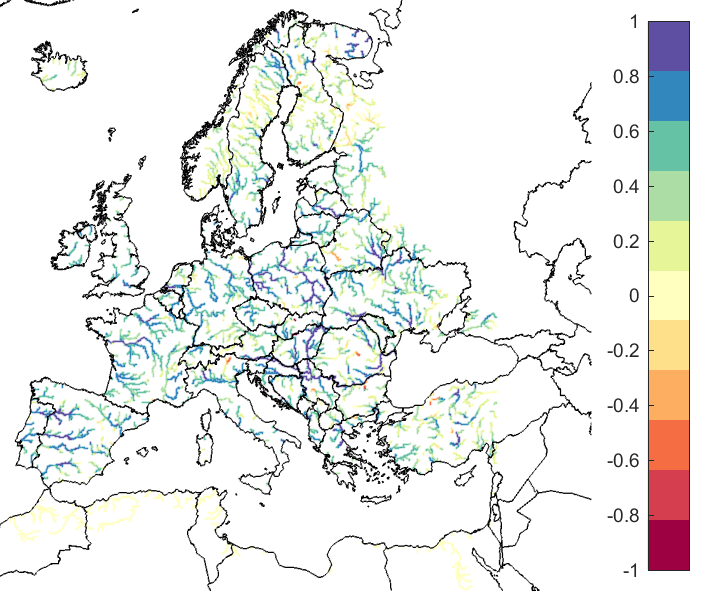 Figure 2. EFAS CRPSS at lead-time 3 days for January 2020, for catchments >2000km2. The reference score is persistence.