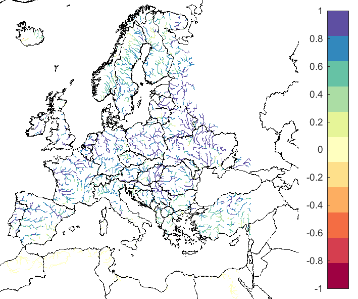 Figure 1. EFAS CRPSS at lead-time 1 day for March 2020, for catchments >2000 km2. The reference score is persistence.