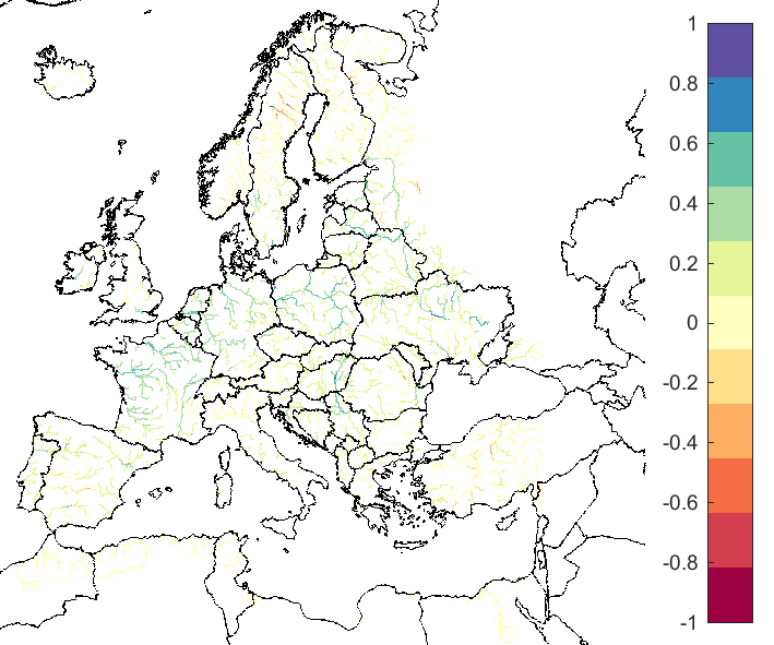 Figure 4. EFAS CRPSS at lead-time 10 days for March 2020, for catchments >2000 km2. The reference score is persistence.