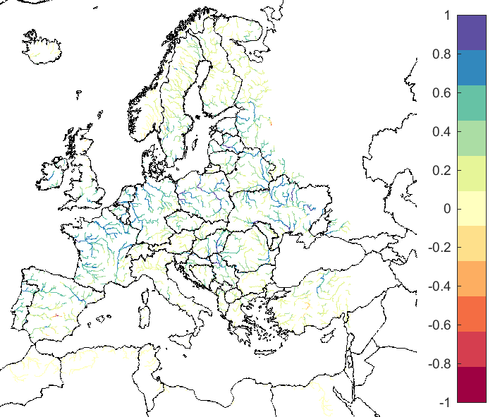 Figure 3. EFAS CRPSS at lead-time 5 days for March 2020, for catchments >2000 km2. The reference score is persistence.