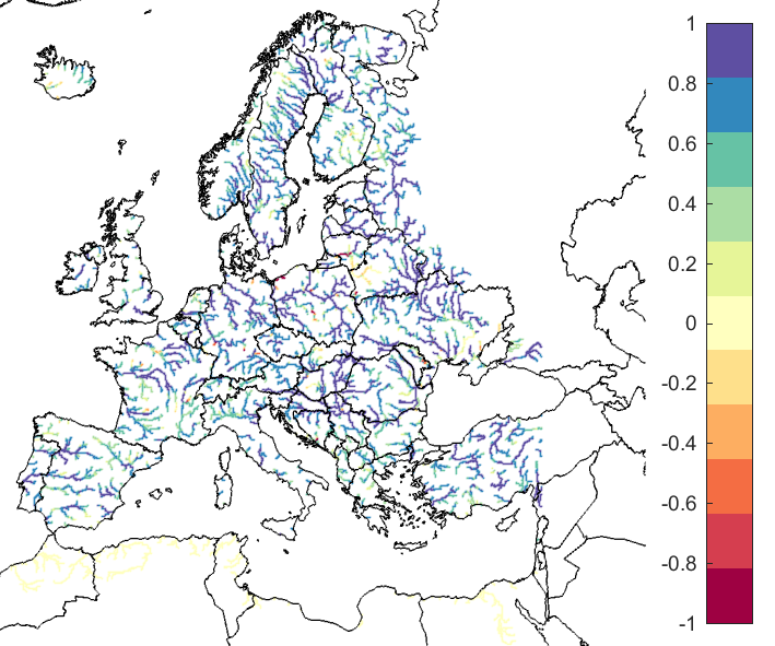 Figure 1. EFAS CRPSS at lead-time 1 day for April 2020, for catchments >2000 km2. The reference score is persistence.