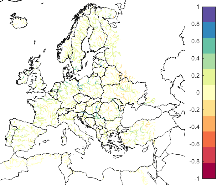 Figure 4. EFAS CRPSS at lead-time 10 days for April 2020, for catchments >2000 km2. The reference score is persistence.
