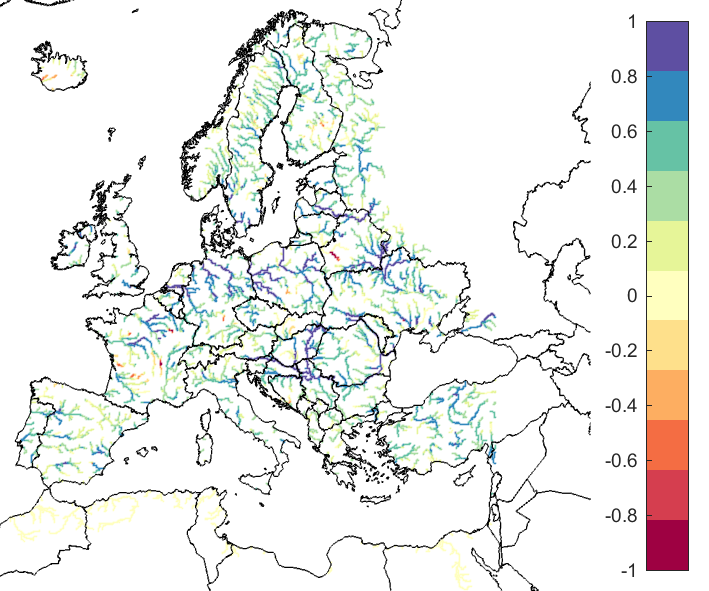 Figure 2. EFAS CRPSS at lead-time 3 days for April 2020, for catchments >2000 km2. The reference score is persistence.