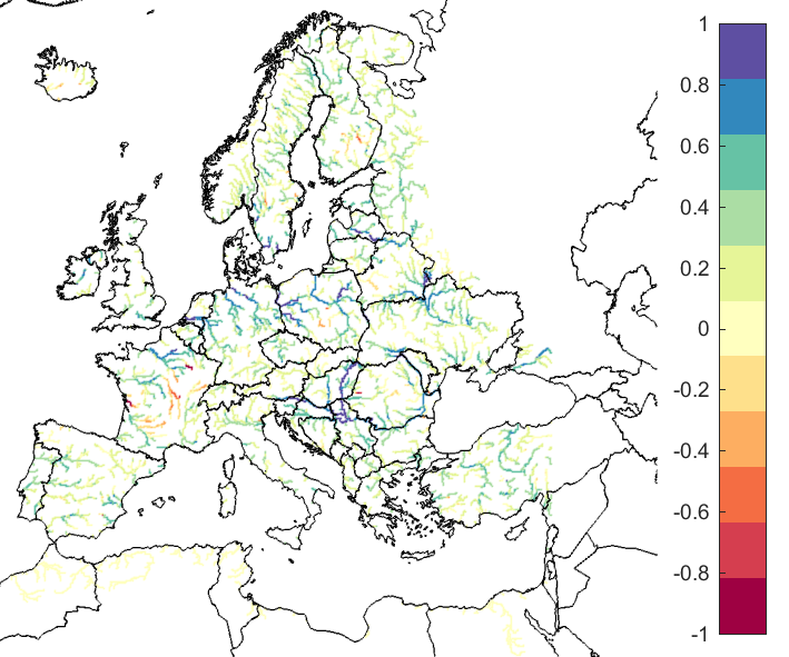 Figure 3. EFAS CRPSS at lead-time 5 days for April 2020, for catchments >2000 km2. The reference score is persistence.