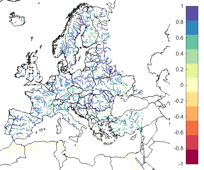 Figure 1. EFAS CRPSS at lead-time 1 day for May 2020, for catchments >2000 km2. The reference score is persistence.