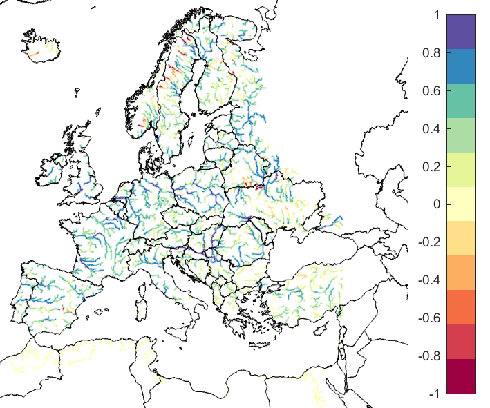 Figure 2. EFAS CRPSS at lead-time 3 days for May 2020, for catchments >2000 km2. The reference score is persistence.