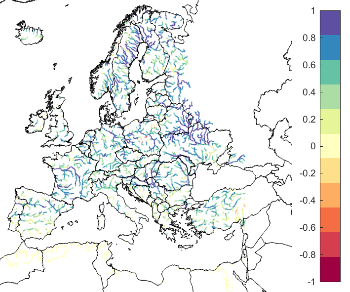 Figure 1. EFAS CRPSS at lead-time 1 day for June 2020, for catchments >2000 km2. The reference score is persistence.
