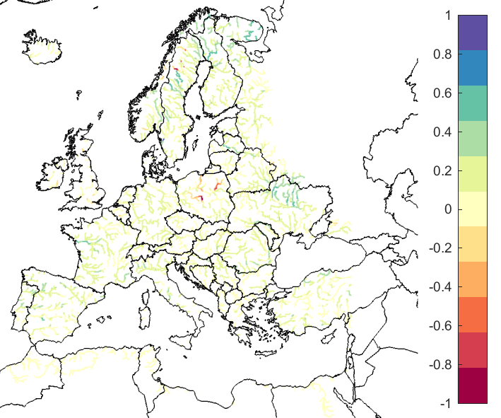 Figure 4. EFAS CRPSS at lead-time 10 days for June 2020, for catchments >2000 km2. The reference score is persistence.
