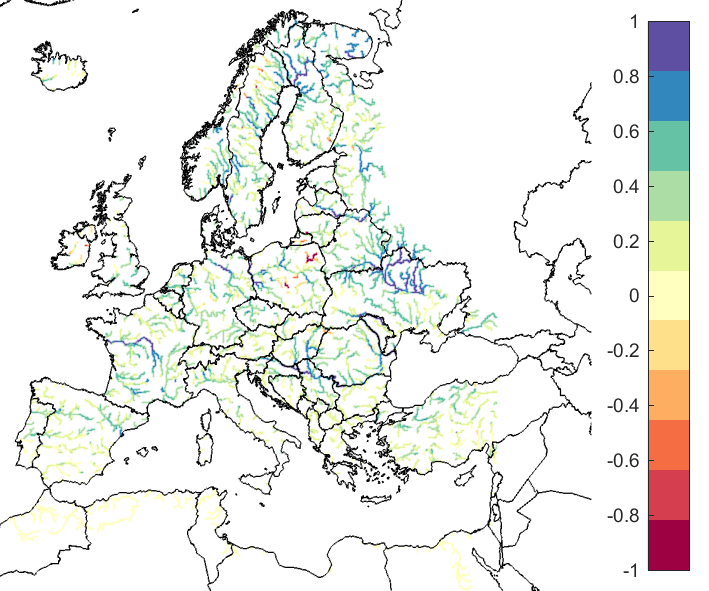 Figure 2. EFAS CRPSS at lead-time 3 days for June 2020, for catchments >2000 km2. The reference score is persistence.