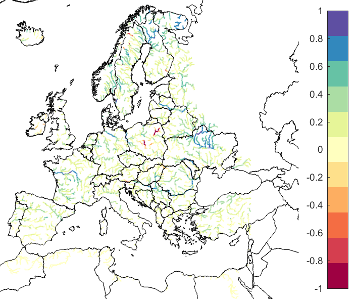 Figure 3. EFAS CRPSS at lead-time 5 days for June 2020, for catchments >2000 km2. The reference score is persistence.