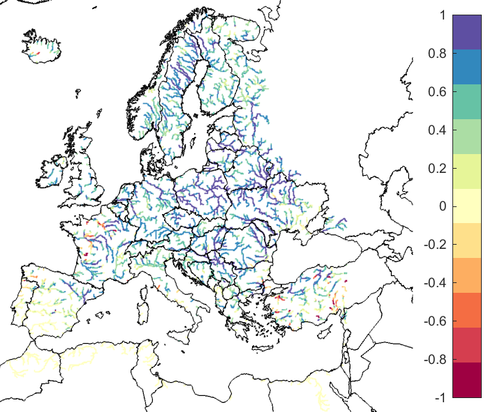 Figure 1. EFAS CRPSS at lead-time 1 day for July 2020, for catchments >2000 km2. The reference score is persistence.