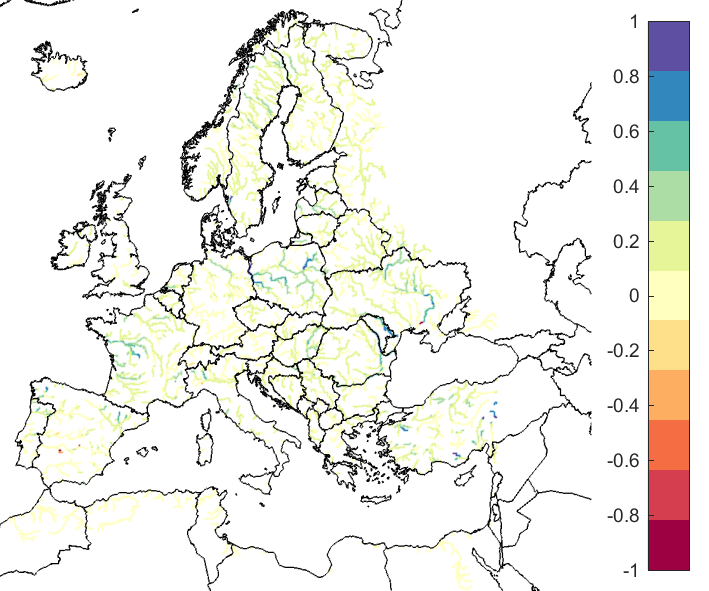 Figure 4. EFAS CRPSS at lead-time 10 days for July 2020, for catchments >2000 km2. The reference score is persistence.