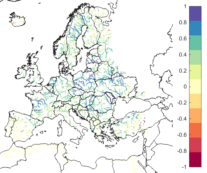 Figure 2. EFAS CRPSS at lead-time 3 days for July 2020, for catchments >2000 km2. The reference score is persistence.