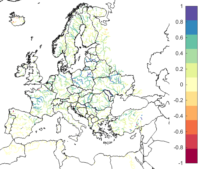 Figure 3. EFAS CRPSS at lead-time 5 days for July 2020, for catchments >2000 km2. The reference score is persistence.